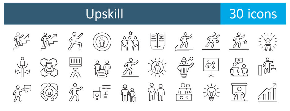 Set of thirty upskill and professional development line icons for business growth concepts