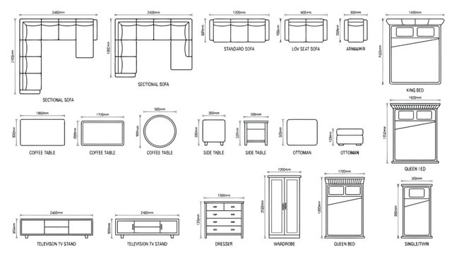 Furniture technical specifications and dimensions collection