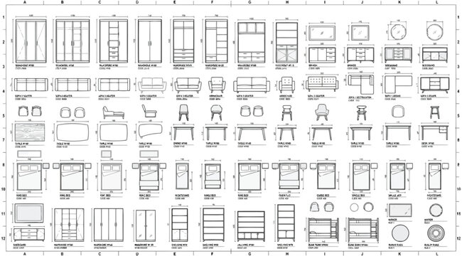 Furniture catalogue technical specifications and dimensions grid collection