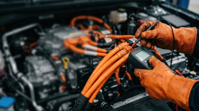 Mechanic wearing orange gloves uses multimeter to test electrical components in a car engine