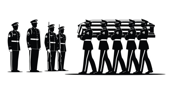 Military funeral procession with honor guard carrying a coffin black and white silhouette high quality professional detailed modern elegant stylish clean