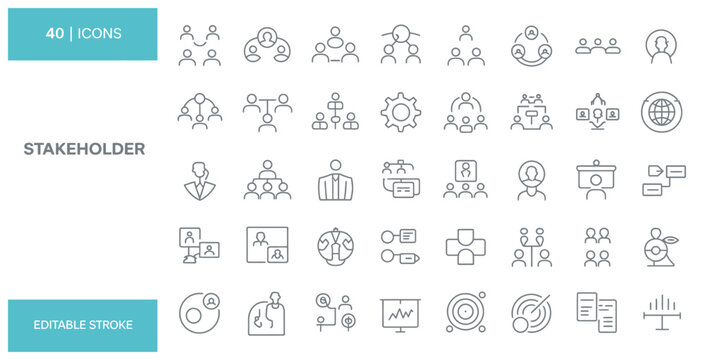 Set of forty stakeholder management line icons for corporate business communication strategy