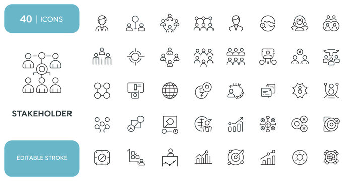 Business stakeholder and management icon set featuring editable line vector illustrations