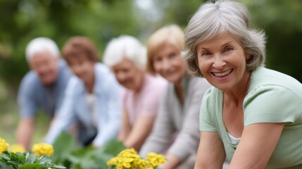 Fototapeta premium Smiling senior woman in gardening group, enjoying outdoor activity with friends in a park setting
