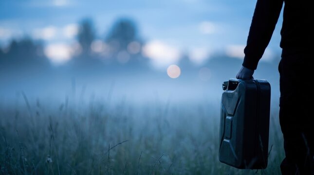 Person holding a green jerrycan in a misty field at dusk mechanic technician