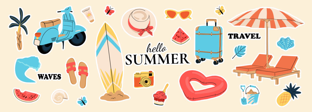 A cute set of summer beach stickers. This tropical vacation collection features a surfboard, palm tree, watermelon, scooter, umbrella, camera, lounge chairs, and playful travel elements in a hand-draw