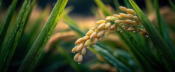 Obraz premium Close-up of ripe golden rice grains on stalk with water droplets, illuminated by soft morning light in a paddy field