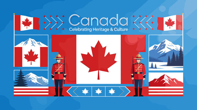 Vibrant illustration celebrating Canada's heritage and culture with national symbols and iconic imagery.