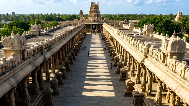 South Indian Temple Corridor Leading to Ornate Gopuram