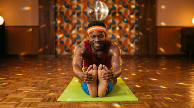 man practicing yoga with smile on retro patterned mat in vintage disco themed room