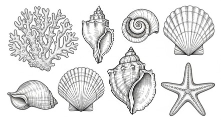 Collection of Marine Life Shells and Coral Illustration. © Doni