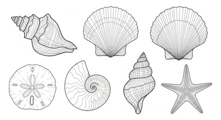 Collection of marine seashells and starfish illustrations. © Doni