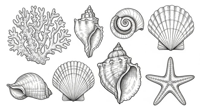 Collection of Marine Life Shells and Coral Illustration.