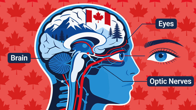 Anatomical illustration of the human brain and eye, highlighting the optic nerves and featuring Canadian imagery within the brain.