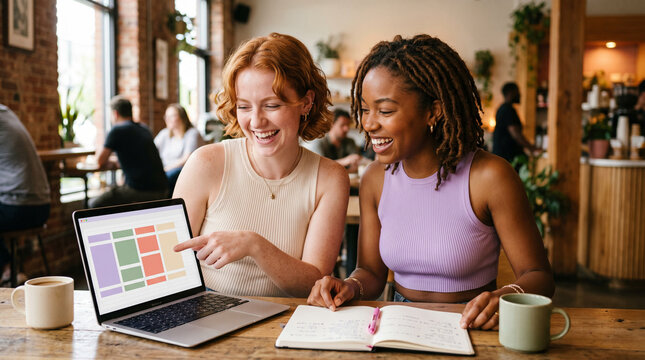 two women collaborating on a creative project in a lively coffee shop