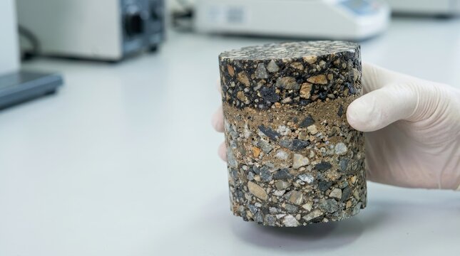 Hand in glove holds cylindrical sample of asphalt pavement with distinct layers
