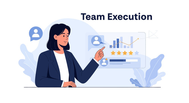 Businesswoman analyzing team performance data with charts and star ratings