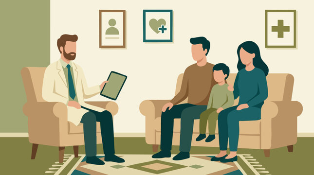 Doctor consulting a family, parents and child, in a medical office or therapy session