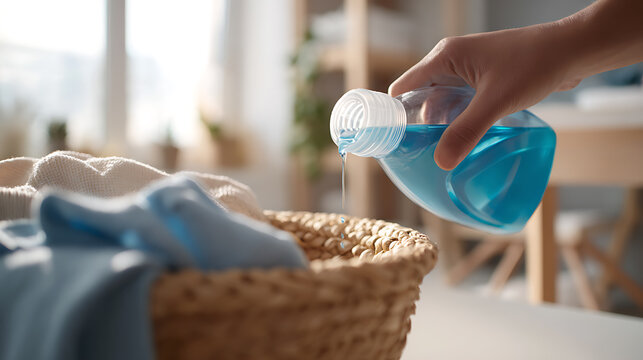 A close-up view of a hand carefully pouring blue liquid from a clear bottle into a woven laundry basket filled with soft fabrics, at home