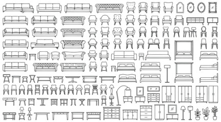Obraz premium Large collection of furniture line art icons, interior design elements