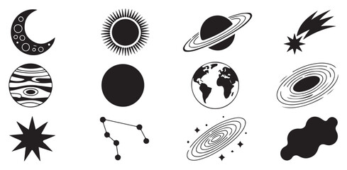 Minimalist astronomy symbols featuring galaxy spiral constellation earth moon and celestial icons. © MdSamsul