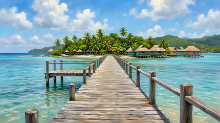 Fototapeta premium Tropical wooden dock over turquoise ocean oil painting style