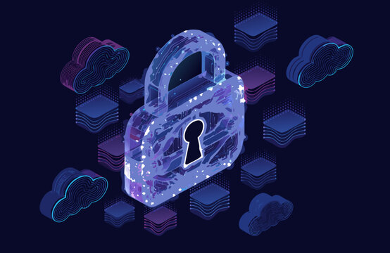 Isometric digital of a cybersecurity shield with binary code and digital locks