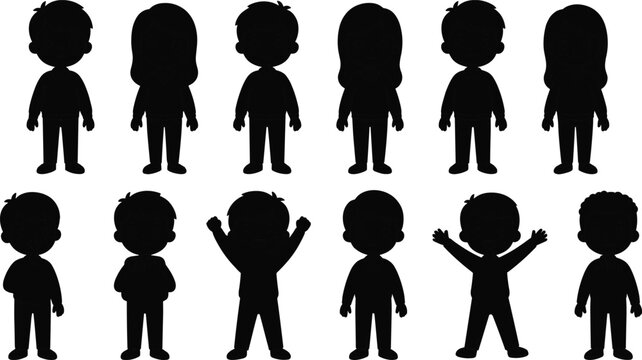 Set of Black Silhouettes Featuring School Children in Various Poses and Gestures for Vector Graphic Design Projects