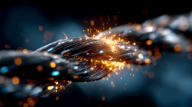 Macro of Twisted Fiber Optic Cables with Glowing Orange Energy Sparks and Data Motion