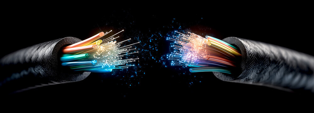 Macro shot of a broken fiber optic cable with glowing high-speed data transmission particles, 3D illustration.