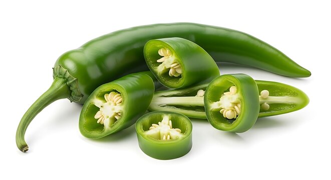 Green chili peppers sliced showing seeds and stem on white background spicy food.
