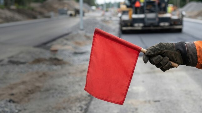Construction worker holding red flag at road works with paving machine in background
