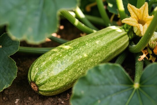 Green striped zucchini grows on plant with yellow blossom. Vegetable ripens outdoors in summer garden soil. Healthy food ingredient cultivation.