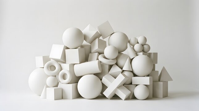 A pile of white geometric shapes including spheres, cubes, cylinders, and cones on a white