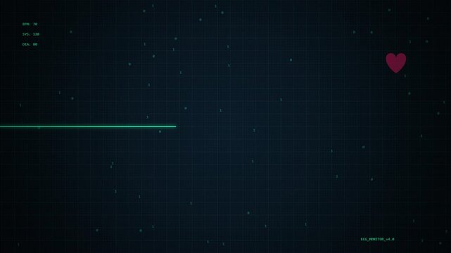 Digital heart rate monitor displaying vital signs with binary code data