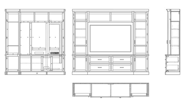 Entertainment center technical drawing blueprint with front side back and top views CAD line art vector illustration