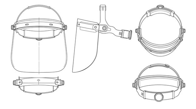 Face shield technical drawing blueprint with front side back and top views CAD line art vector illustration