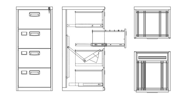 Filing cabinet technical drawing blueprint with front side back and top views CAD line art vector illustration