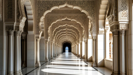Fototapeta premium Sunlit Islamic Arched Corridor with Marble Columns and Patterns