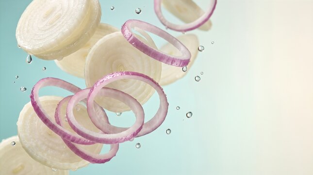 Sliced white onion rings falling into water with bubbles for cooking ingredient