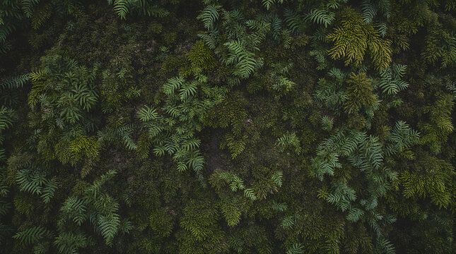 Lush green moss wall texture with small ferns