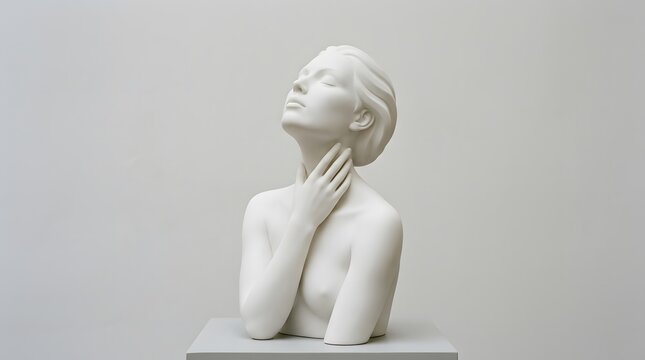 A white bust sculpture of a woman with closed eyes touching her neck on a white pedestal base