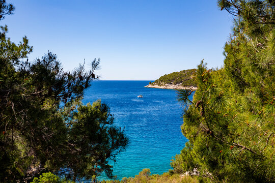 Pine trees frame a vibrant blue sea with a small boat cruising near a rocky island. Scenic coastal landscape with clear skies and Mediterranean vegetation. Nature and travel background on Brač island
