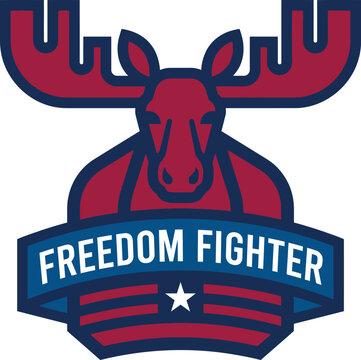 American moose head logo with freedom fighter text and star  patriotism symbol
