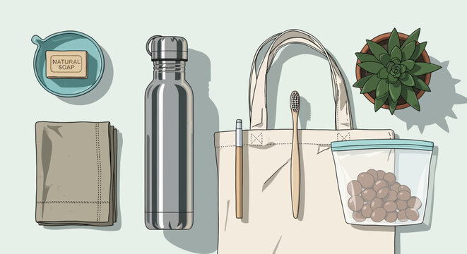 Sustainable living essentials flat lay