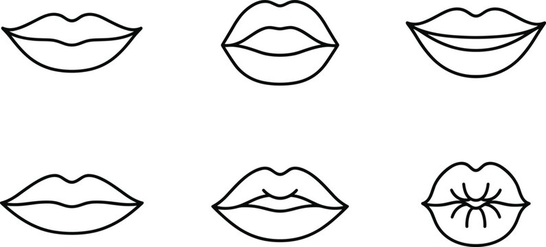 Stylized lip line drawings showing diverse mouth shapes and facial expressions for anatomy, emotion, and artistic design concepts