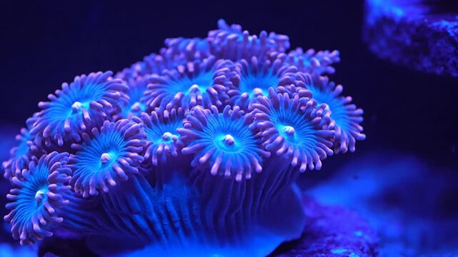Fluorescent blue Duncan coral polyps in marine reef aquarium