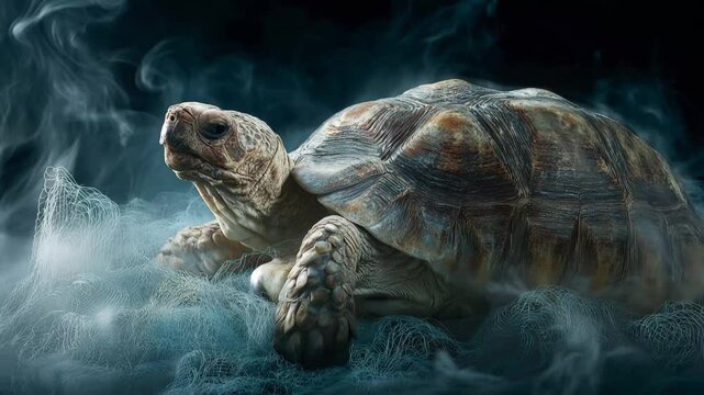 Turtle moving slowly on a bed of mist with a dark background, showcasing the details of its shell and body in a calm moment of activity