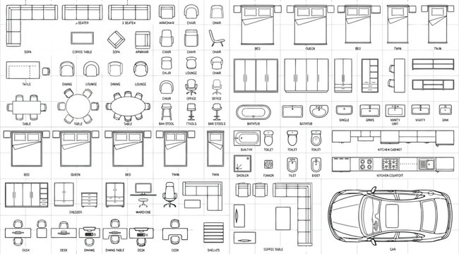 Set of architectural furniture symbols for floor plans, top view, vector illustration