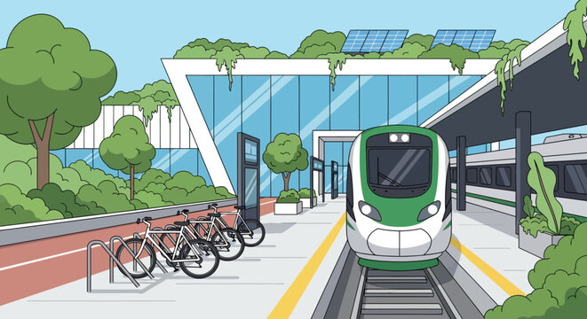 Sustainable transportation hub with green train and bike parking